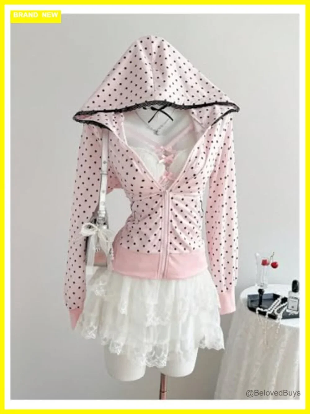 Y2K Polka Dot Lace Trim Zip Up Hoodie Coquette Fitted Sweatshirt Pockets